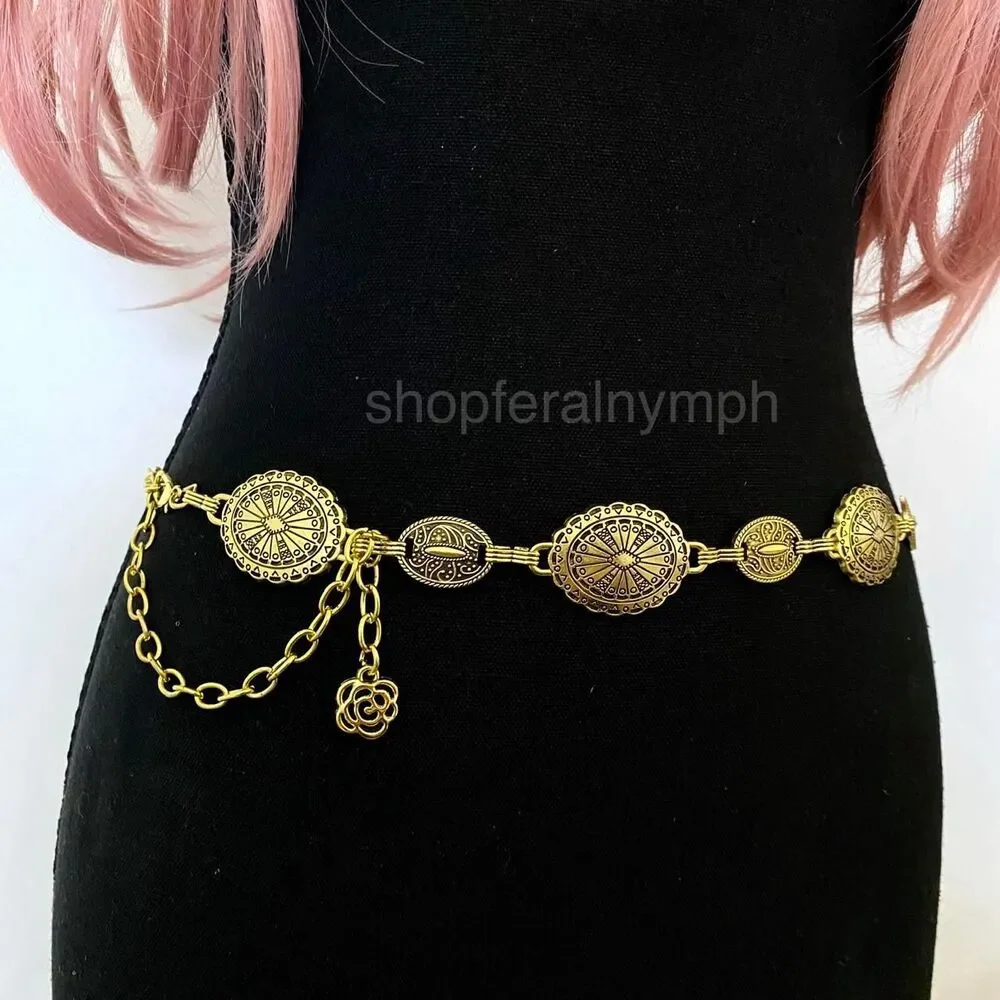 Antique Gold Boho Concho Medallion Waist Chain Belt, Fits 23-38 Inches, X7GA1348